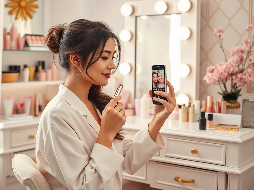 A woman in a white blouse holds a lipstick while taking a selfie with a phone in a stylish vanity setting.