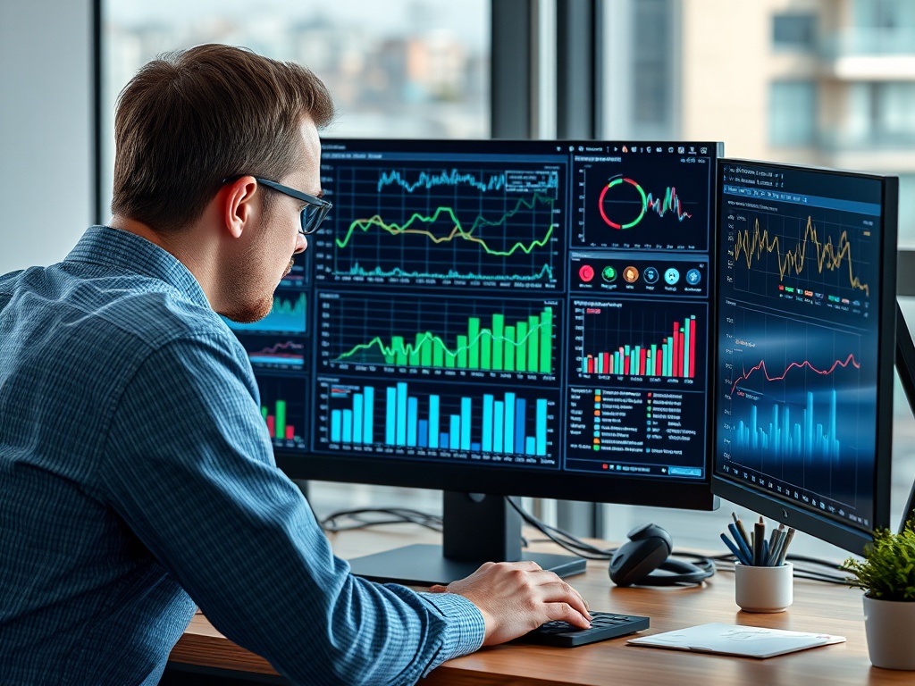 A focused man analyzes data displayed on two large monitors in a modern office setting, with charts and graphs visible.