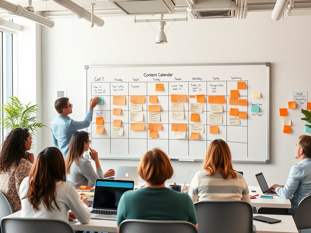 A group of people in a meeting, reviewing a content calendar with sticky notes on a whiteboard.