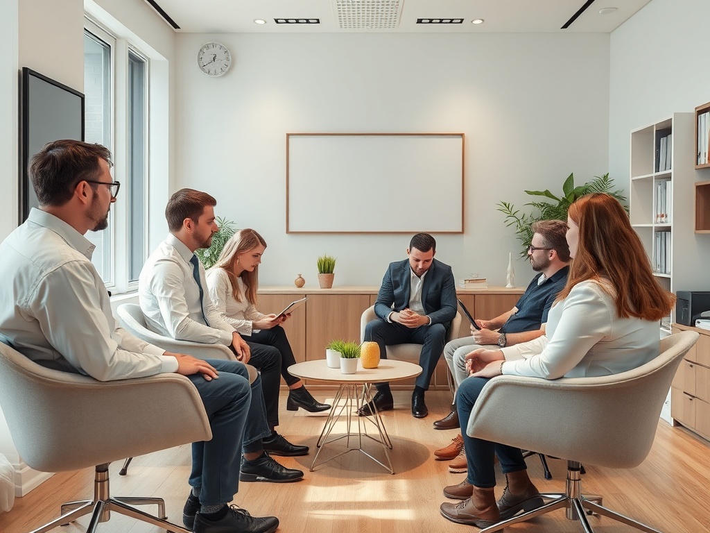 A group of six professionals sits in a modern meeting room, engaged in discussion or reflection.