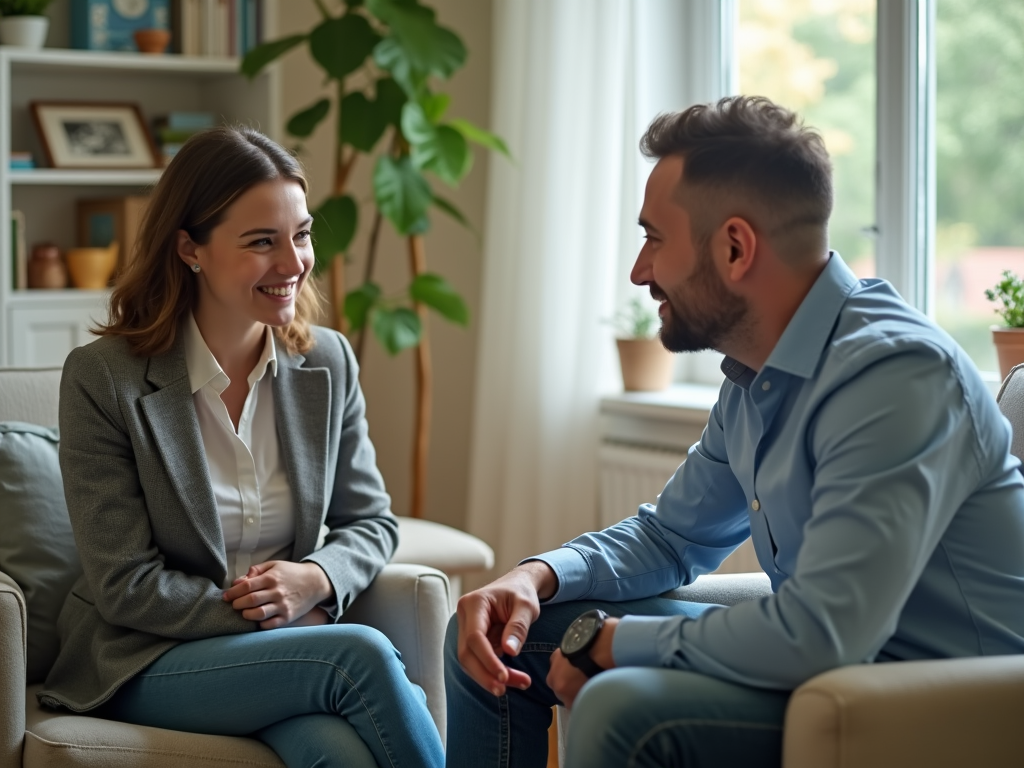 A woman and a man with joyful expressions talking in a cozy living room.