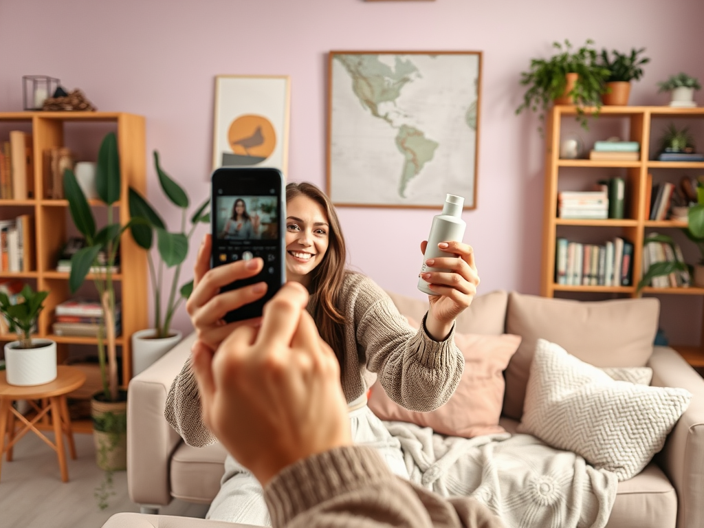 A woman smiles while holding a bottle, taking a selfie in a cozy living room with plants and bookshelves.