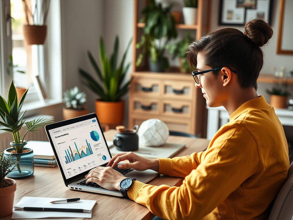 A person in a yellow sweater uses a laptop to analyze graphs and data in a cozy, plant-filled workspace.