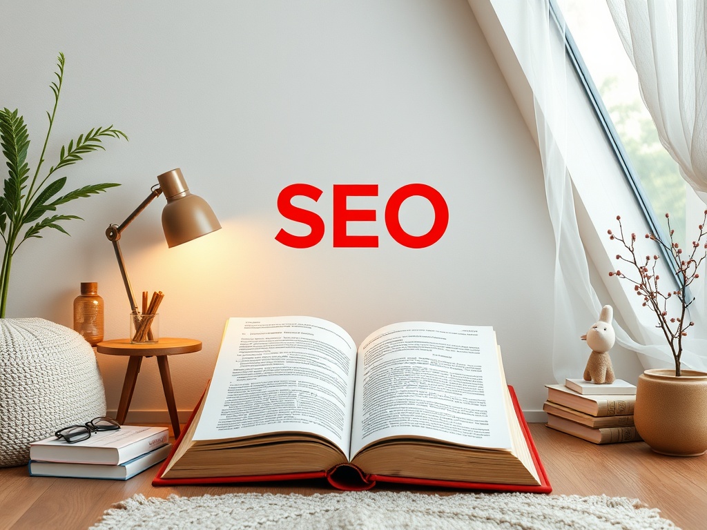 A cozy reading nook featuring an open book, a desk lamp, and decorative plants, with "SEO" prominently displayed.
