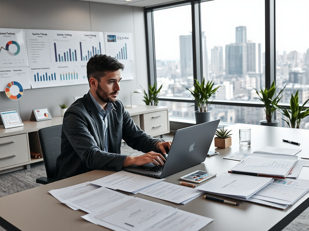 A man works on a laptop in a modern office filled with plants, charts, and documents, overlooking a city skyline.