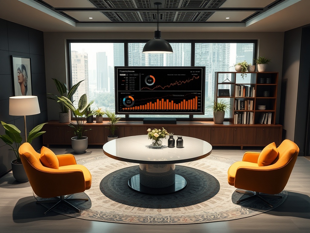 A modern office with orange chairs, a round table, plants, and a TV displaying graphs in front of large windows.