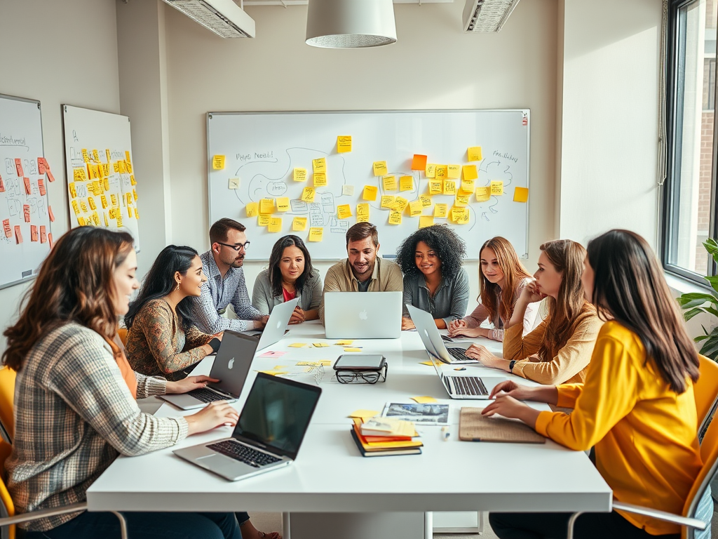 A diverse group of professionals collaborates around a table with laptops and sticky notes in a bright meeting room.