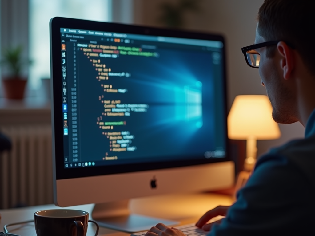 A person coding on an iMac, with a cup of coffee beside them, in a cozy, well-lit workspace.