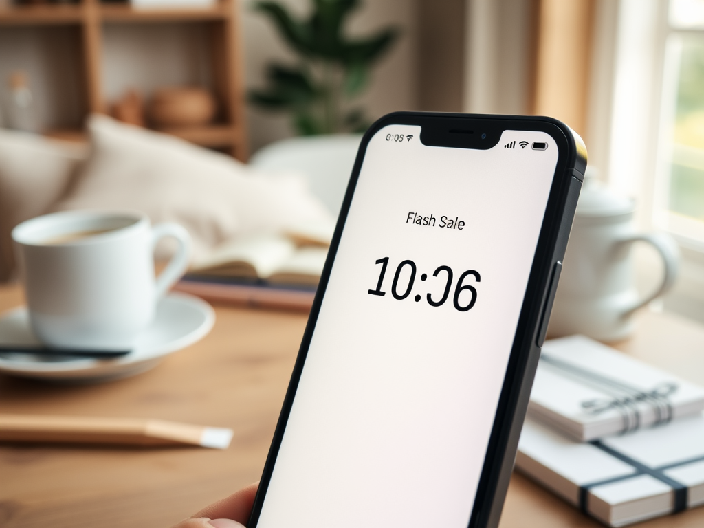 A smartphone displays a countdown for a flash sale at 10:06, set against a cozy workspace with a coffee cup.