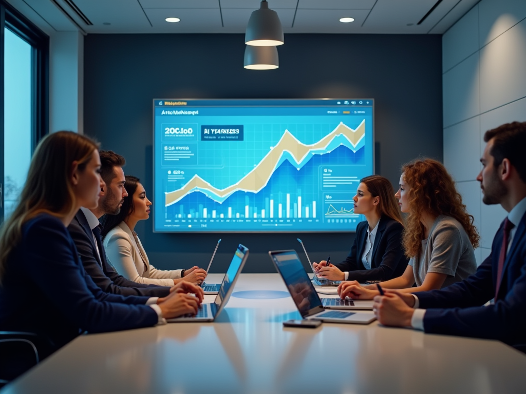 Business professionals in a meeting room analyzing data on a digital screen displaying graphs.