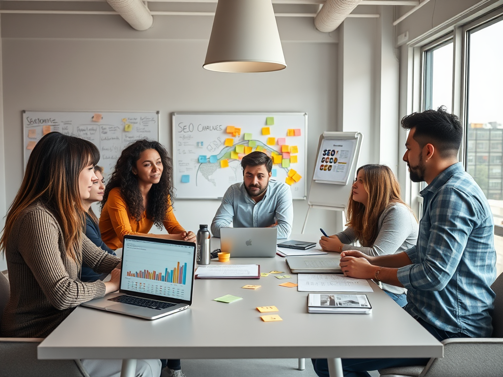 A group of six professionals in a meeting, discussing strategies with laptops and notes in a bright office space.