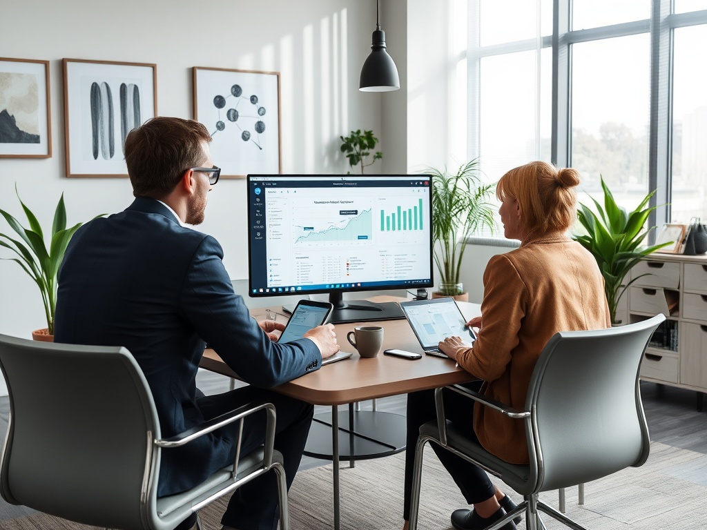 Two professionals sit at a desk, discussing data on a computer screen and a tablet in a modern office setting.