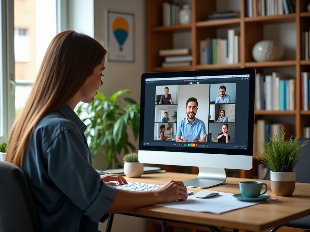 A woman participating in a video call on a desktop with multiple participants in a cozy workspace.