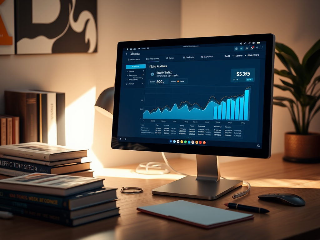 A computer monitor displays a dark-themed analytics dashboard with graphs and data, set on a wooden desk.