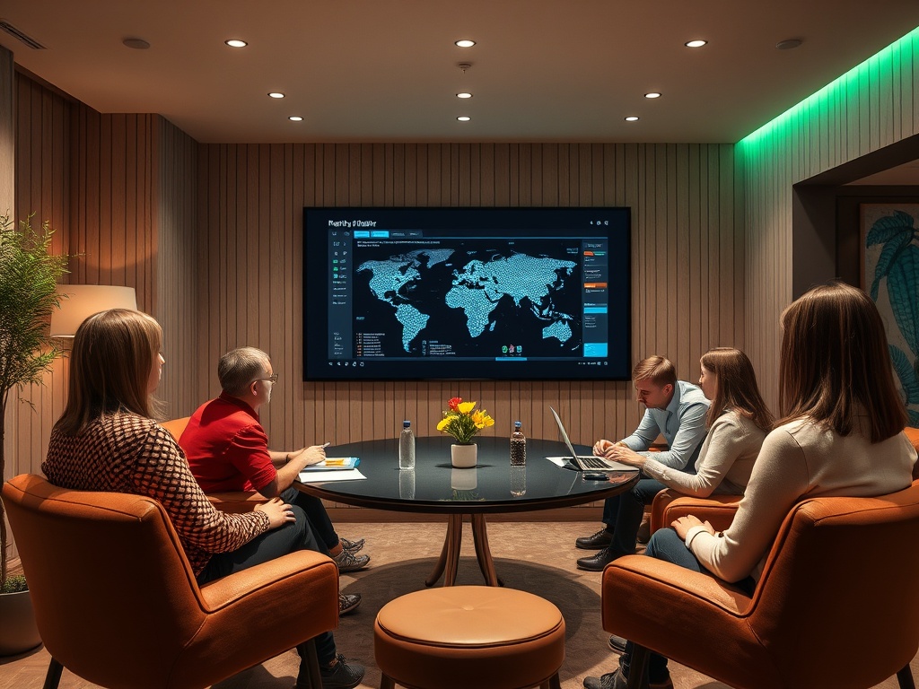 A group of five people in a modern conference room, discussing a world map displayed on a screen.