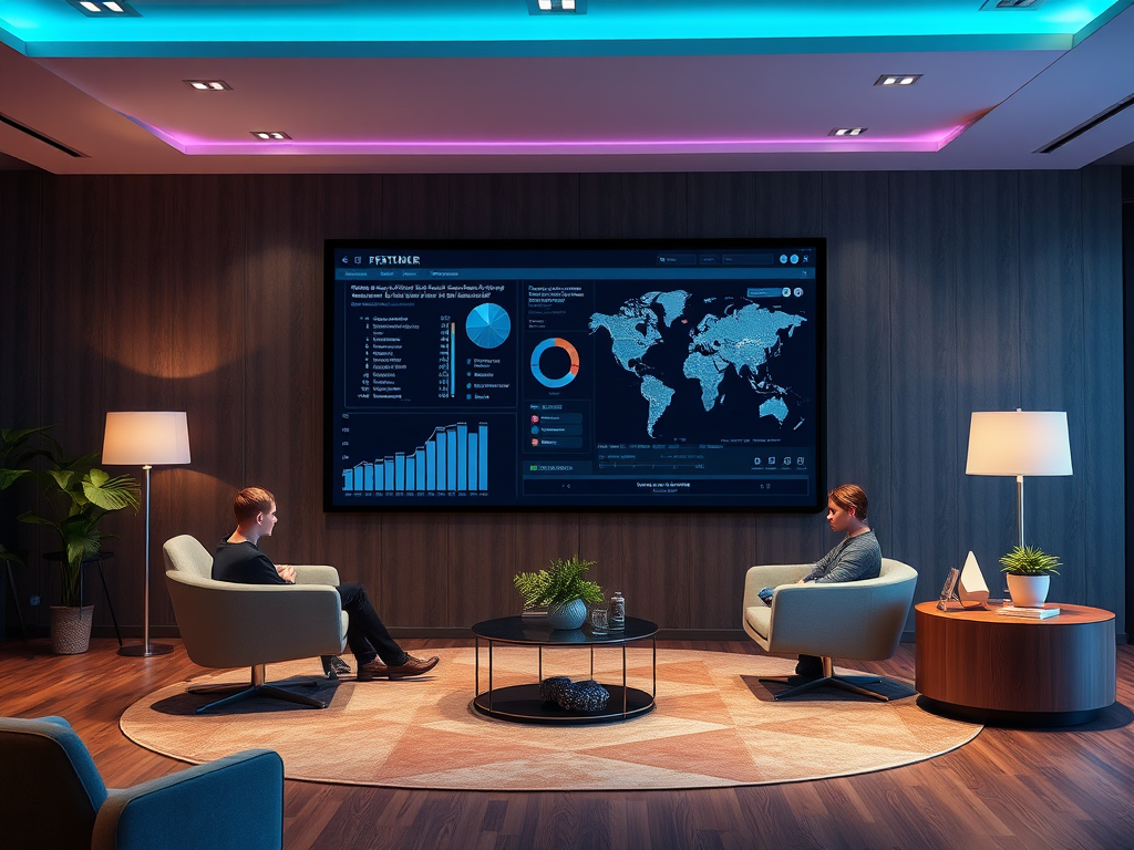 Two people sit in modern chairs, engaged in discussion, with a large screen displaying data and maps behind them.