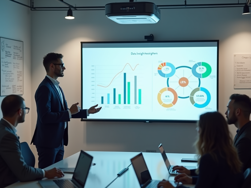 Man presenting business data to colleagues in a meeting room with charts on screen.