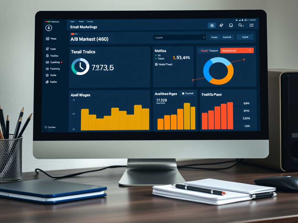 A dark-themed dashboard displaying email marketing metrics, including graphs and statistics on performance analysis.