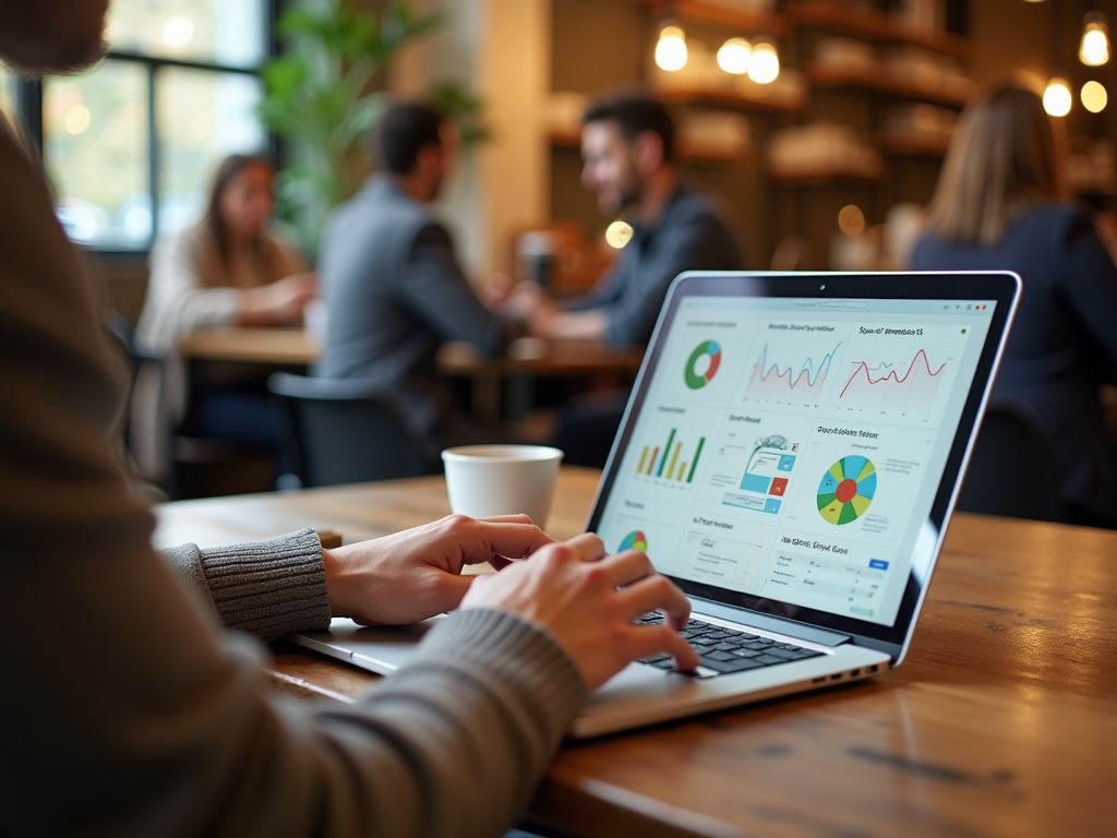 A person using a laptop in a café, analyzing data with colorful charts on the screen.