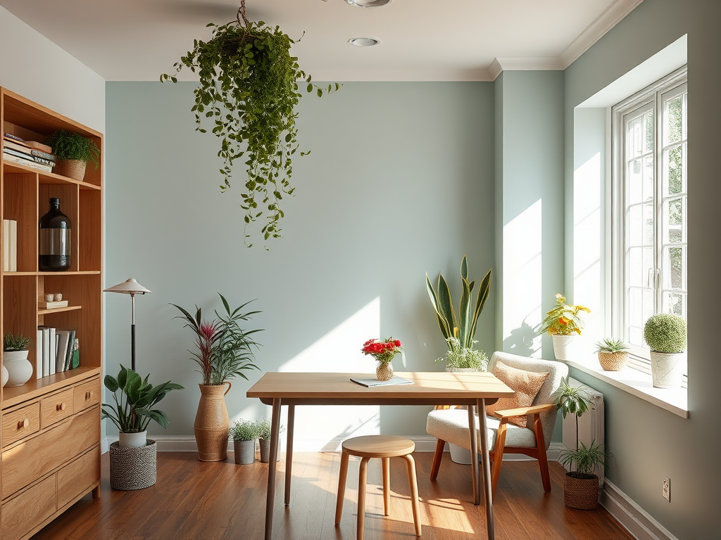 A sunlit room with a wooden table, plants, and a cozy chair, featuring light blue walls and a warm atmosphere.