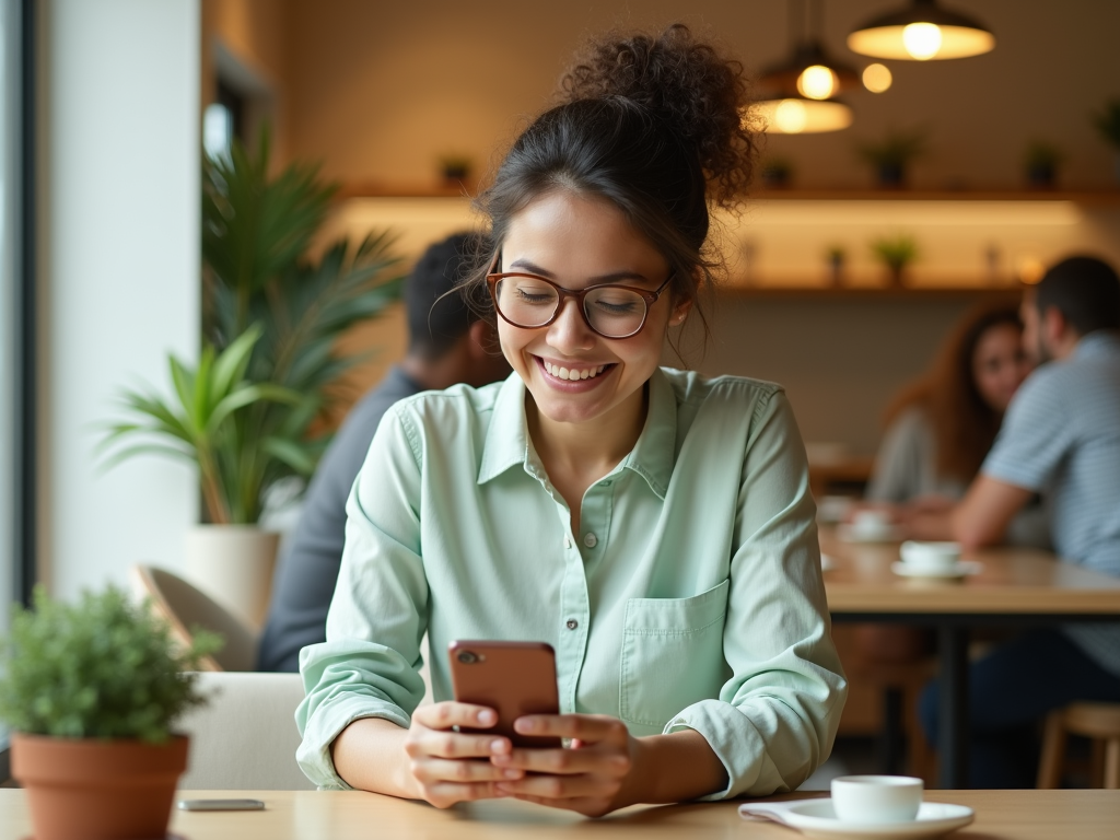 Young woman in glasses smiling at phone in a cozy cafe.