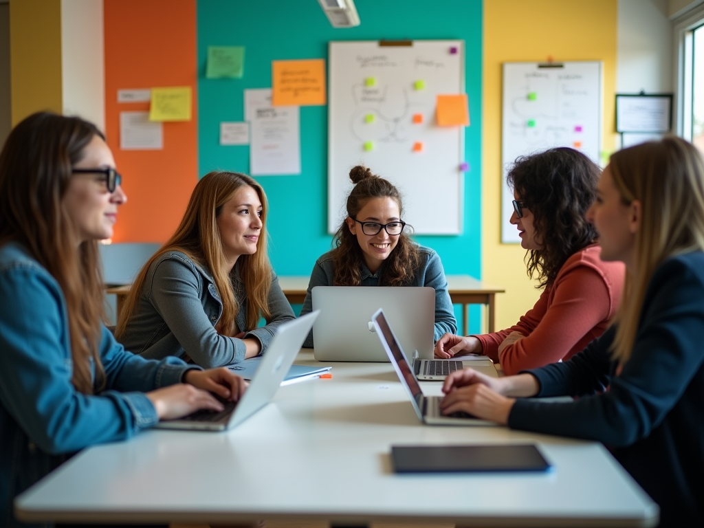 A group of five women collaborating at a table with laptops, in a colorful workspace with notes on the walls.