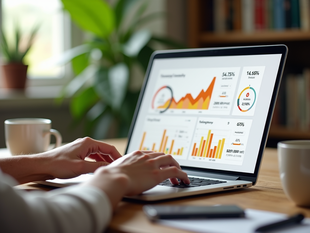 Person analyzing financial data graphs on a laptop screen in a home office setting.