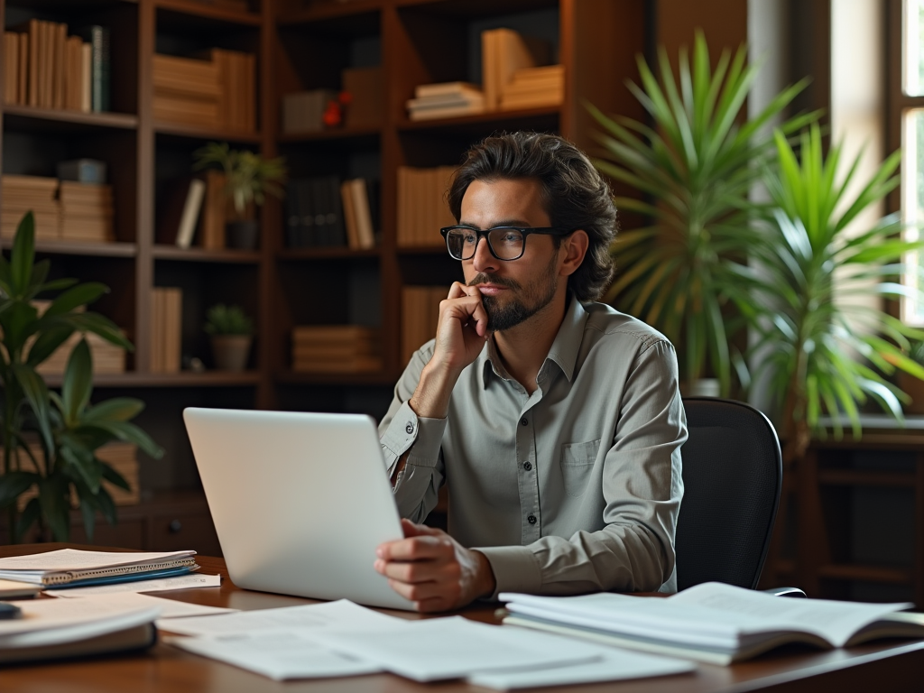 Man with glasses using a laptop in a library-like room filled with shelves of books.