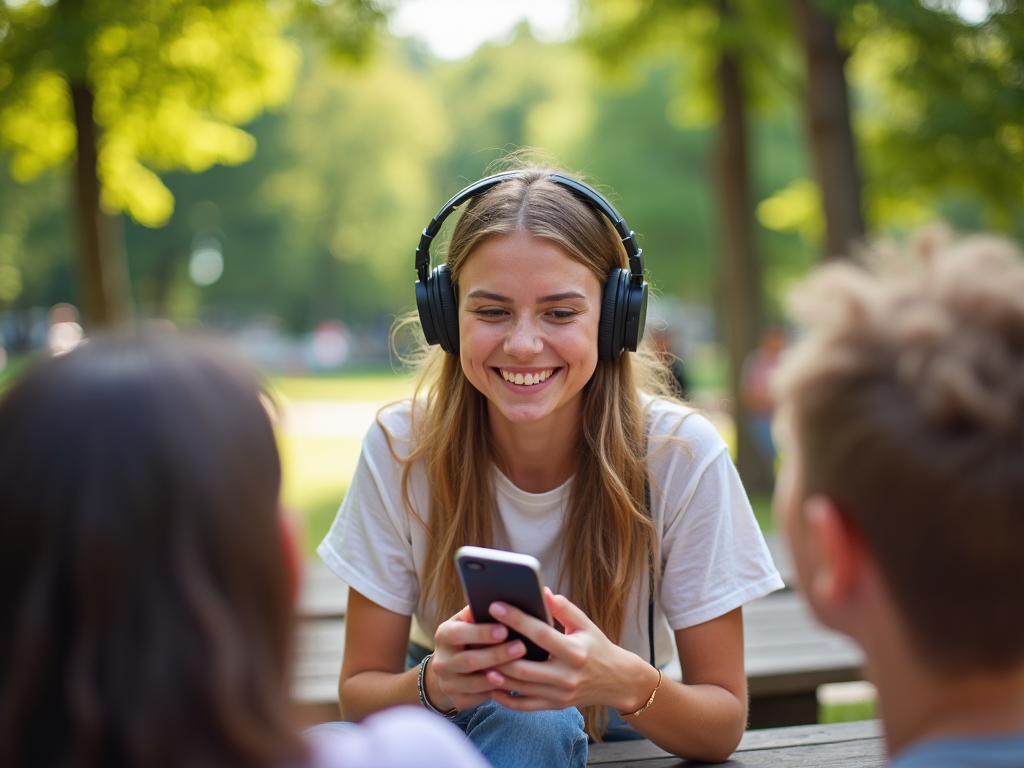 Young woman in headphones smiling at her phone in a sunny park, with blurred friends in foreground.