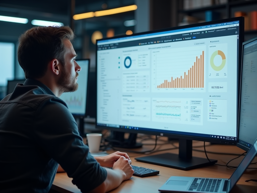 Man analyzing financial data on dual computer screens in a dimly lit office.