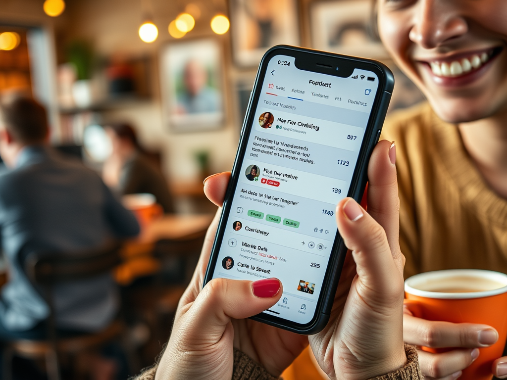 A person holding a smartphone displaying a podcast app, smiling while sitting in a cozy café.