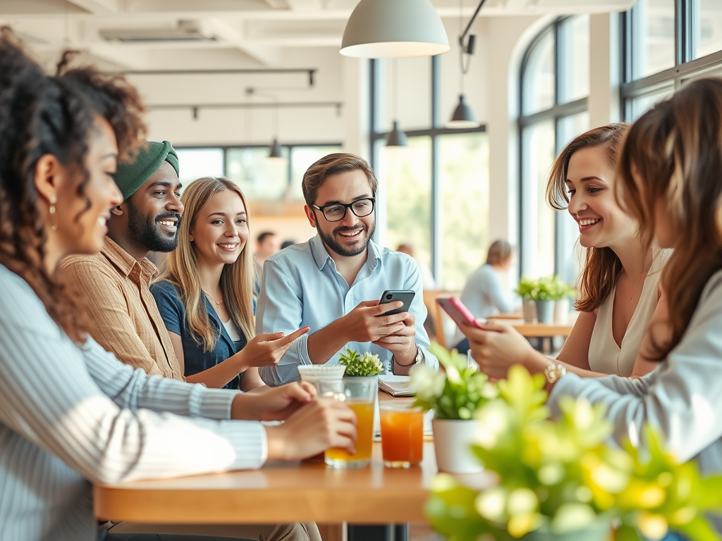 A diverse group of six friends enjoys drinks and uses their phones while chatting in a bright café with plants.