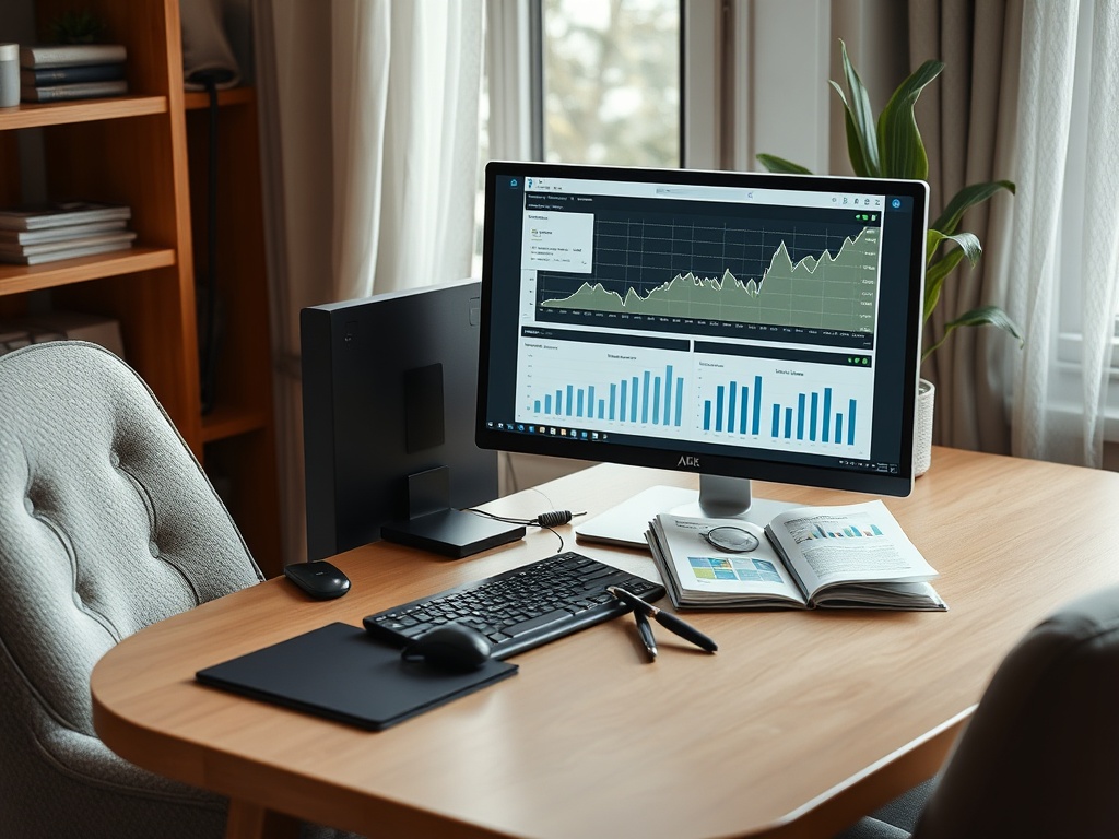 A modern desk with a computer displaying graphs and charts, surrounded by a potted plant and open documents.