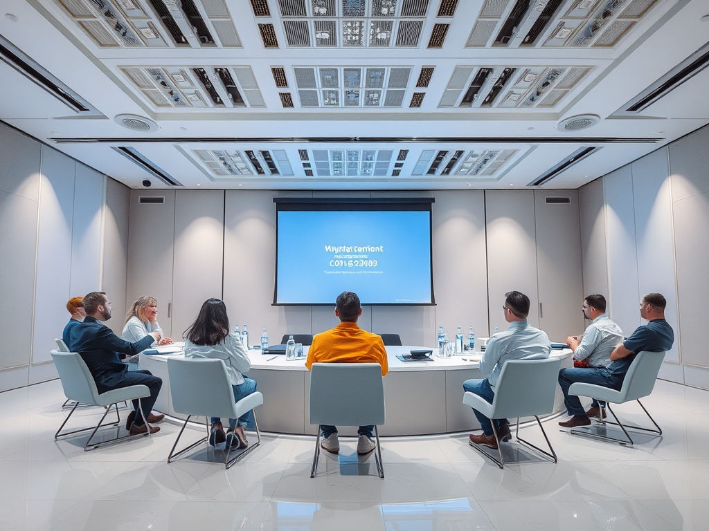 A group of people seated in a conference room, facing a presentation screen with "MyTerriot" displayed.