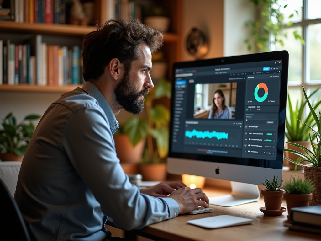 Man works on computer with analytics displayed, video call visible on screen, in a book-lined home office.