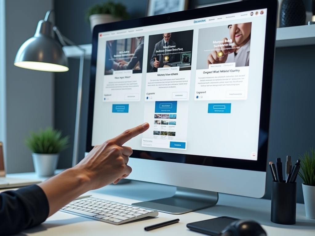 A hand pointing at a computer screen displaying multiple web pages with content and images in a modern office setting.