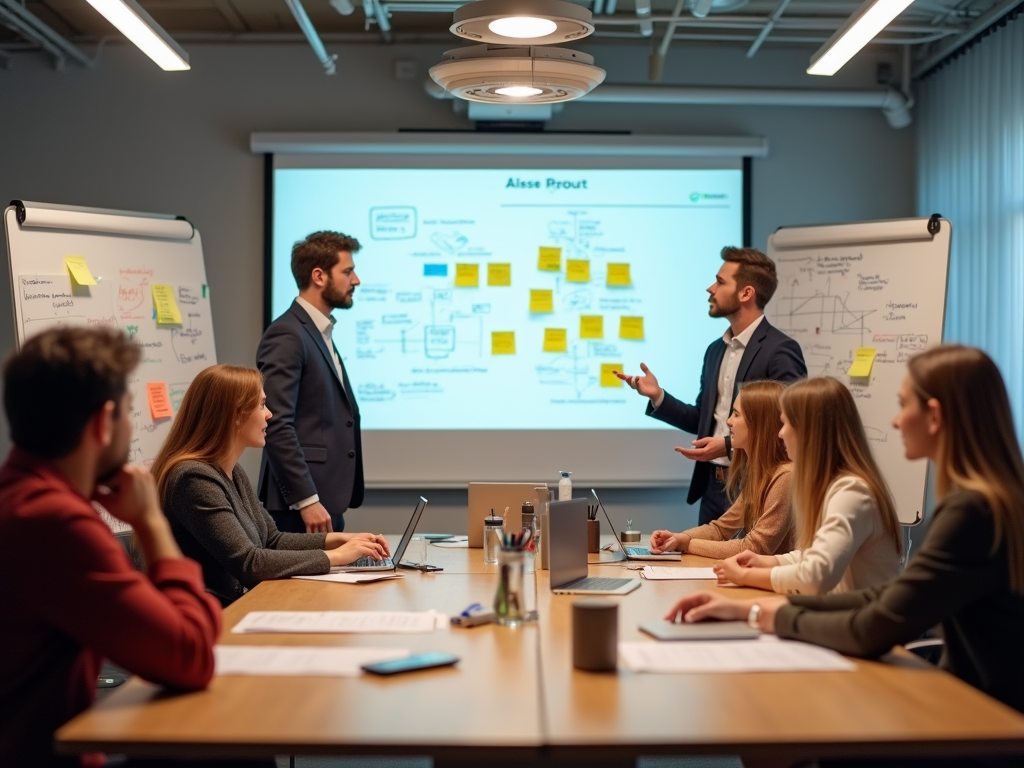 A business meeting with two presenters discussing ideas in front of a whiteboard, while others listen and take notes.