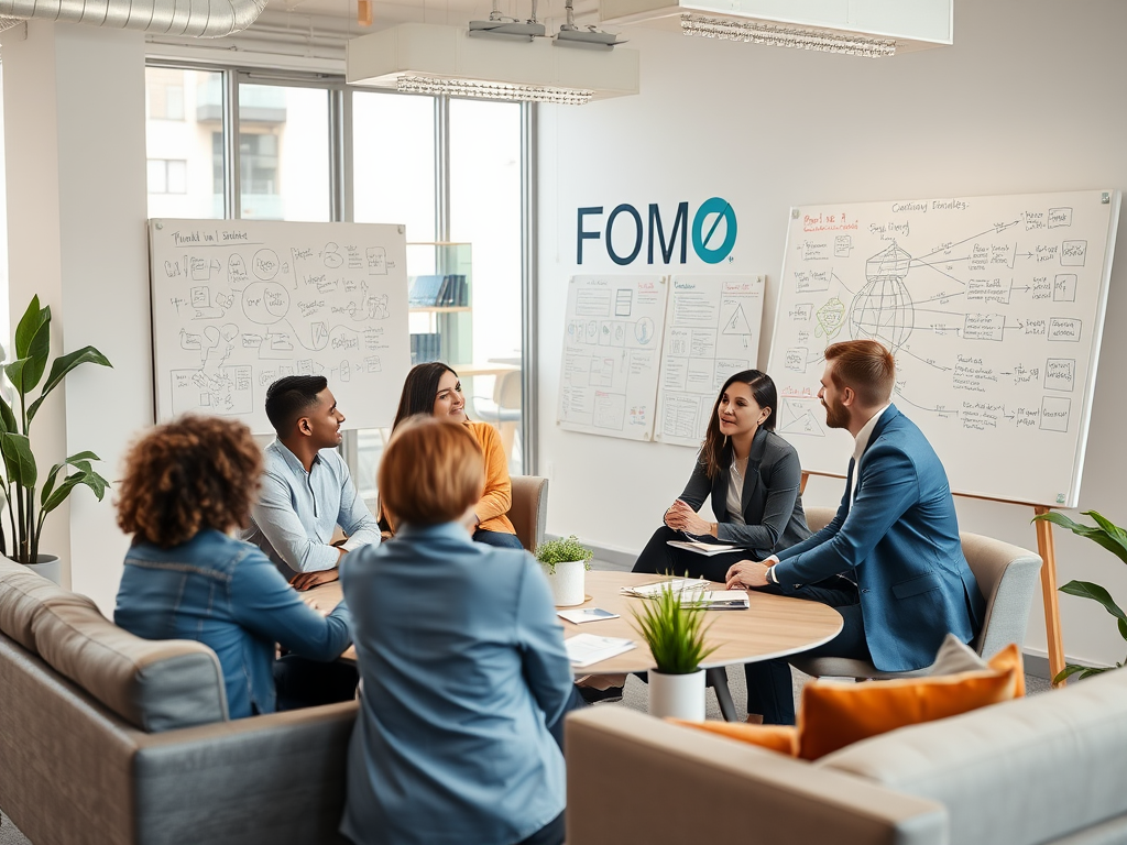 A group of six professionals sits around a table, discussing ideas in a bright, modern office space.
