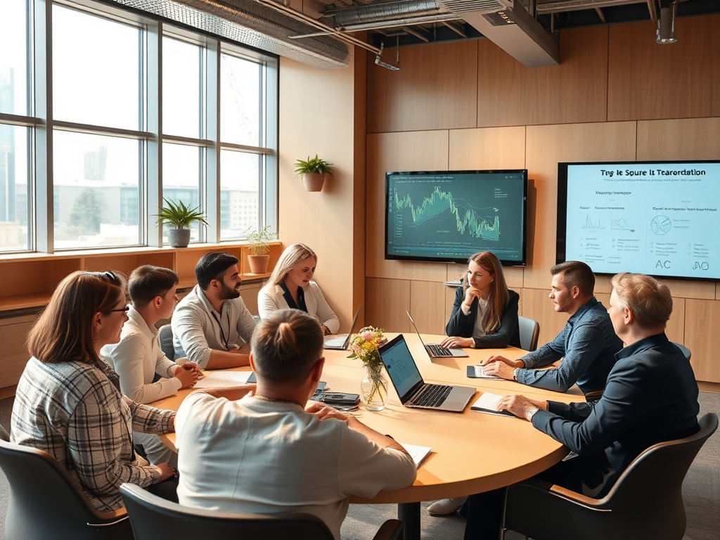 A business meeting in a modern conference room with a group discussing analysis displayed on screens.