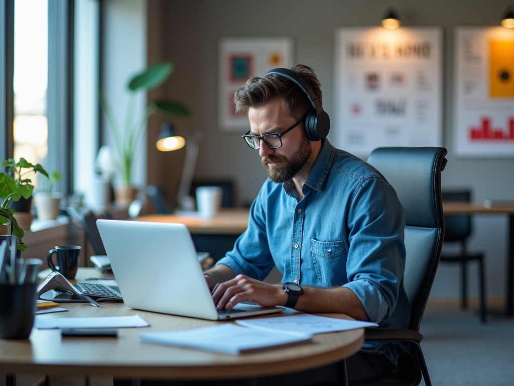 Man in glasses and headphones working intently on a laptop in a modern office.