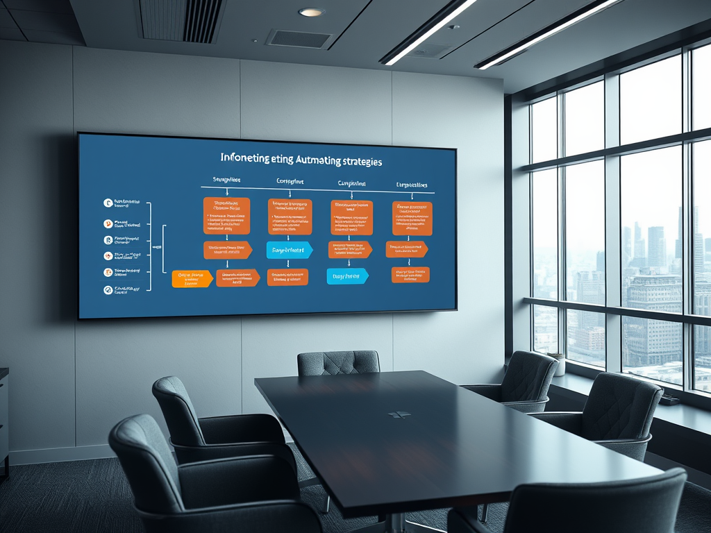 A modern conference room with a large screen displaying infographics on automating strategies.