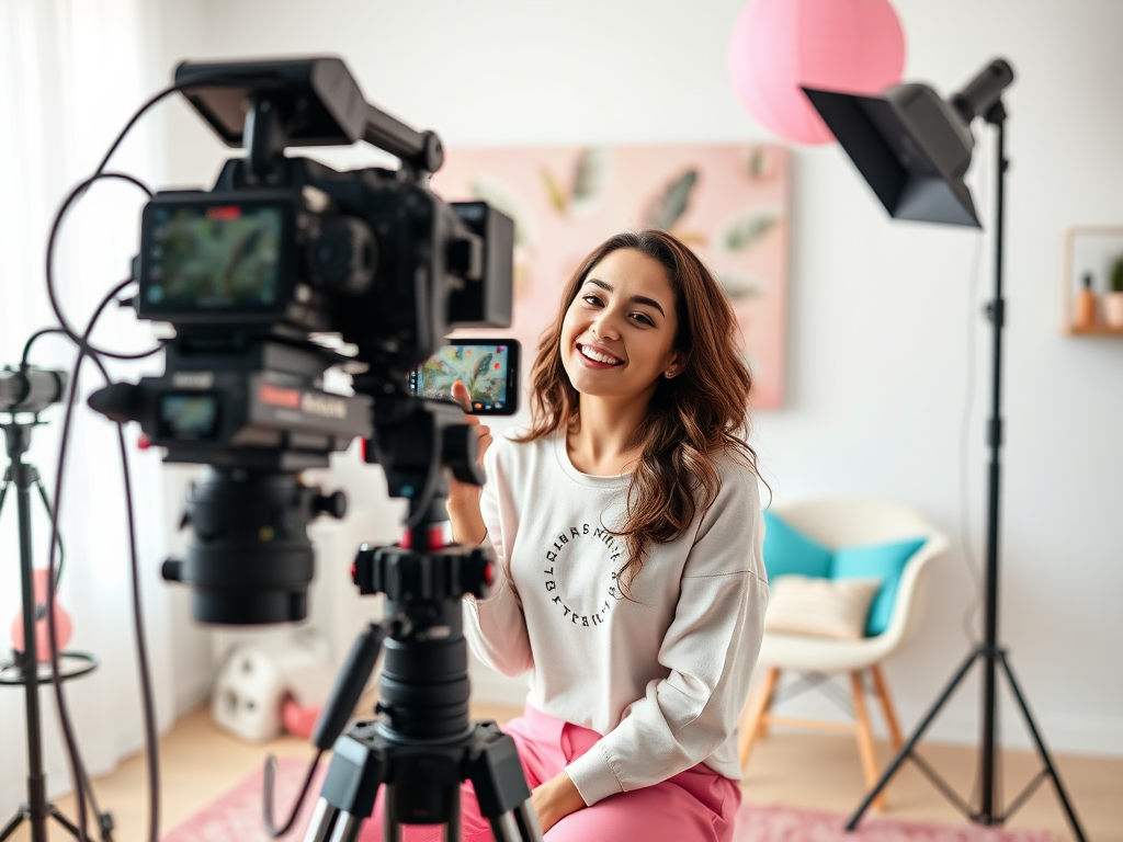 A woman sits in a studio, smiling at the camera, surrounded by filming equipment and colorful decor.