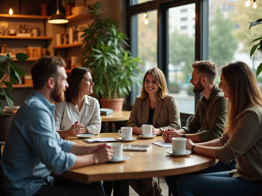 Five people happily engaging in conversation at a cafe table surrounded by lush green plants.