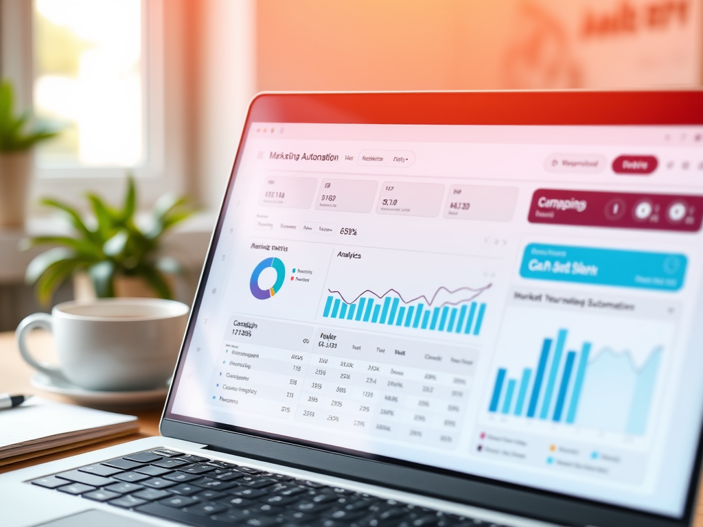 A laptop screen displaying marketing analytics, graphs, and statistics, with a plant and coffee cup nearby.