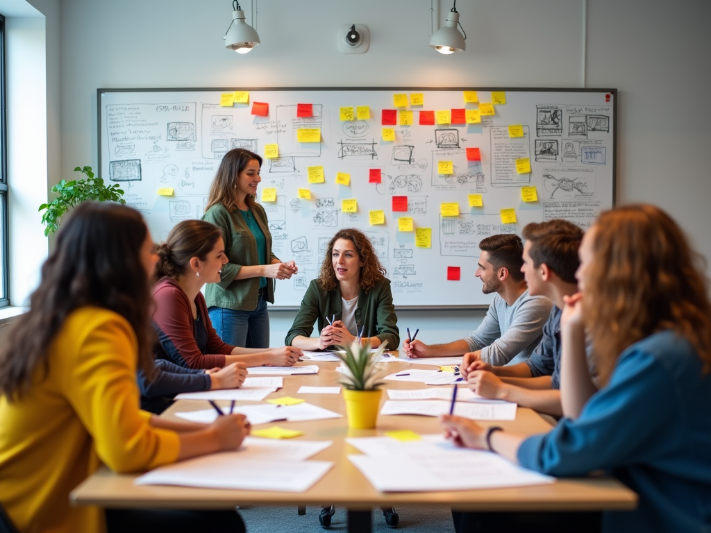 Diverse team engages in brainstorming with sticky notes and diagrams on whiteboard.