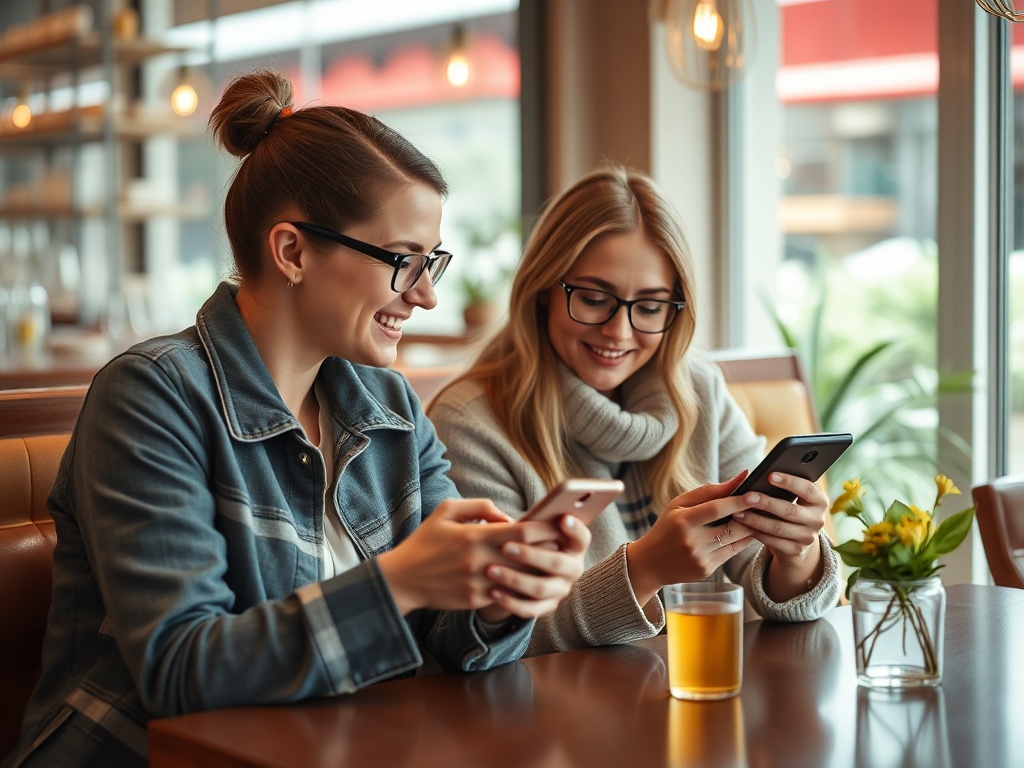 Two women with glasses smile at their phones while sitting in a café, a drink and flowers on the table.