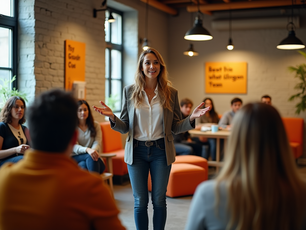 Woman presenting to a group in a modern office space with orange accents.