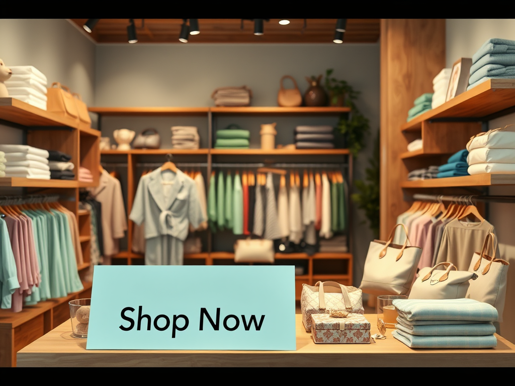 A stylish retail shop interior with neatly arranged clothing and accessories, featuring a "Shop Now" sign.